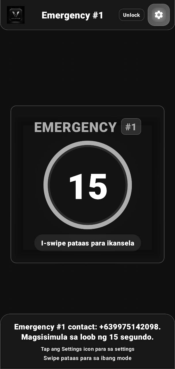 Screenshot of Emergency contact number 1 with a 15-second countdown timer