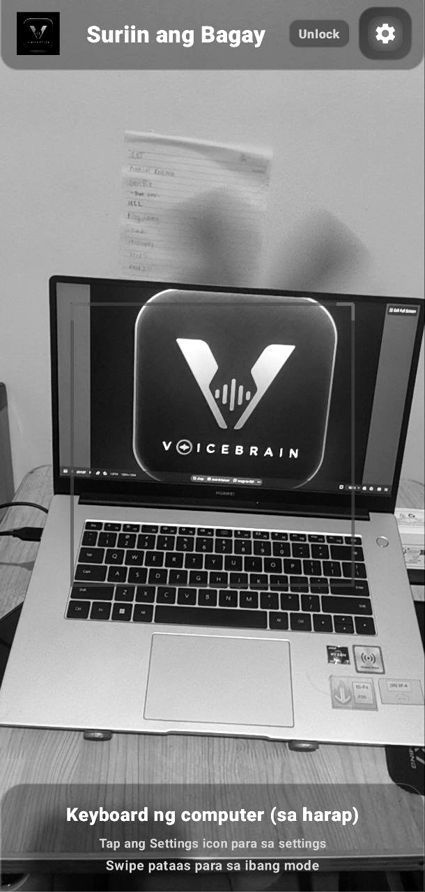Screenshot of Object Detection mode, recognizing a laptop displaying the Voicebrain logo