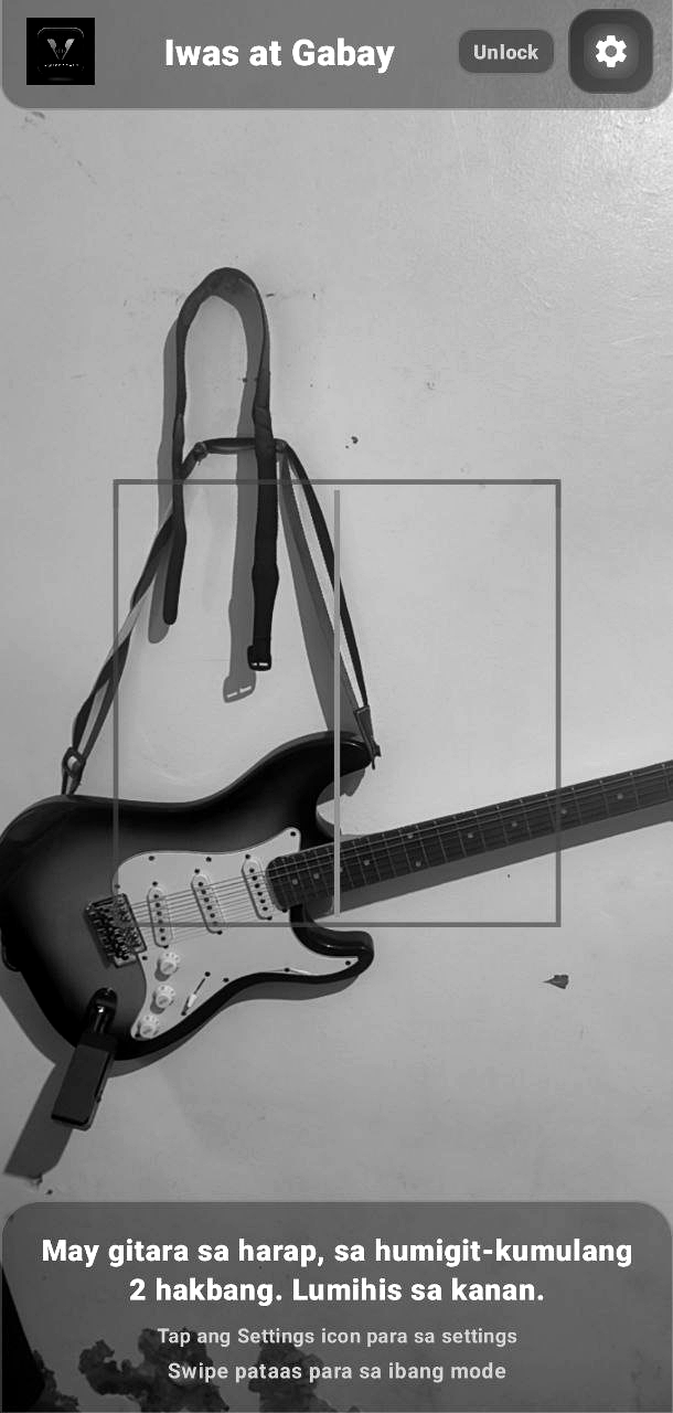 Screenshot of Obstacle & Guidance mode, warning about a guitar roughly two steps ahead