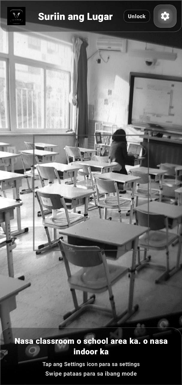 Screenshot of Place Detection mode, recognizing a classroom based on desks and equipment