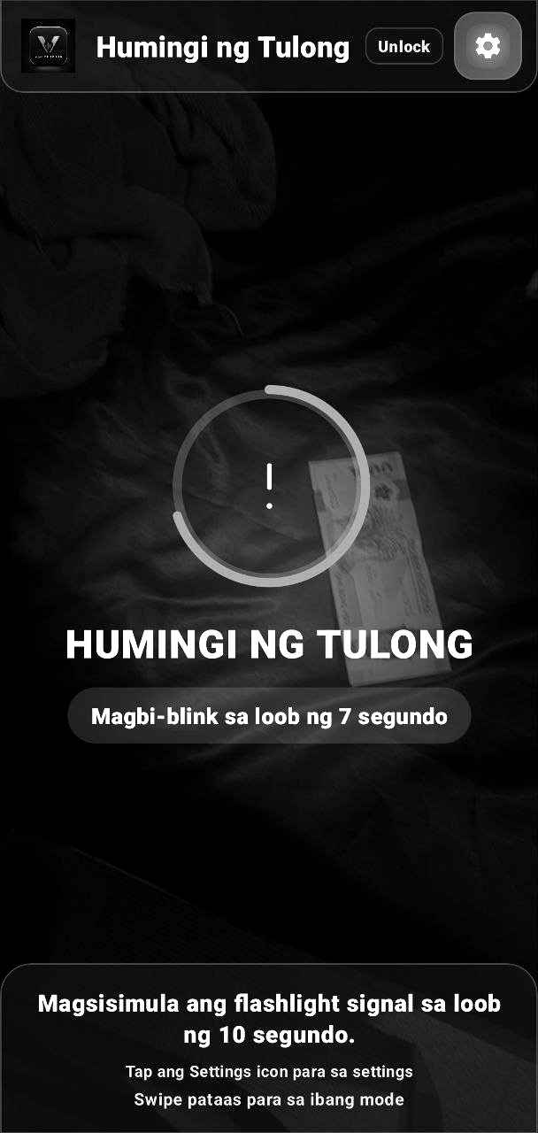 Screenshot of Help Signal mode, with a countdown before the flashlight SOS signal begins
